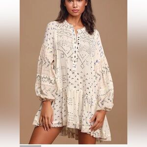 Free People Shibori Ivory Print Long Sleeve Button-Up Tunic
